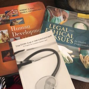 Nursing school books. other end of the steth, Legal & ethical, Human Develp.
